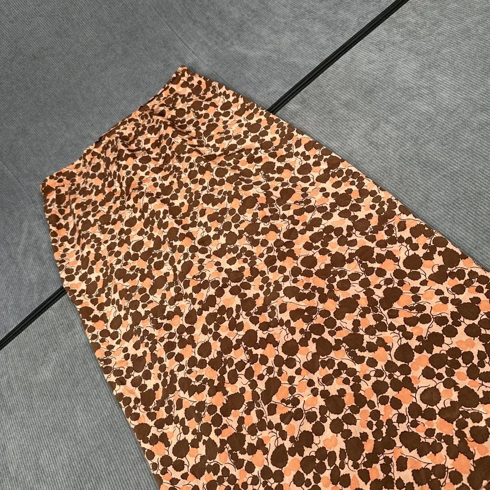 Andre Van Pier 100% Silk Maxi Skirt Brown Peach Floral Leaf Print High Waist
